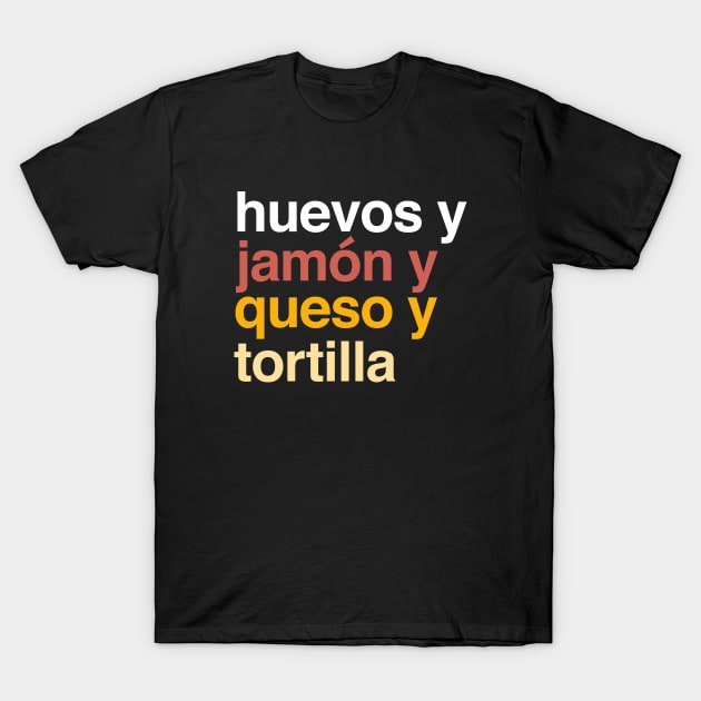 Deconstructed ham and egg breakfast taco: huevos y jamon y queso y tortilla (list of ingredients in real colors, in Spanish) T-Shirt by Ofeefee